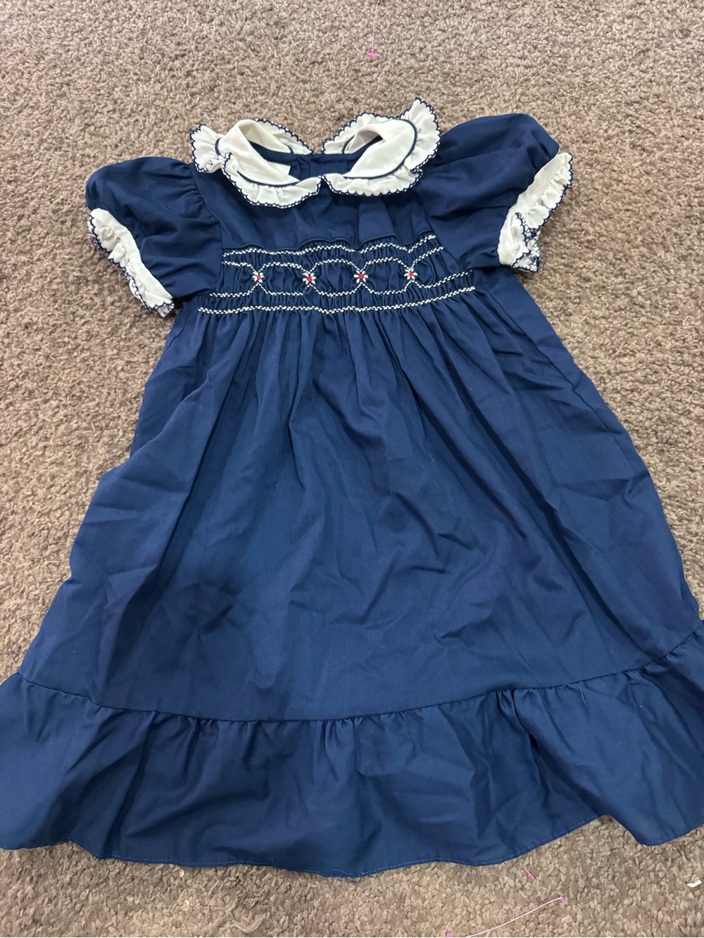 Princess Ann vintage girls Navy embroidered Smocked dress with Peter Pan collar